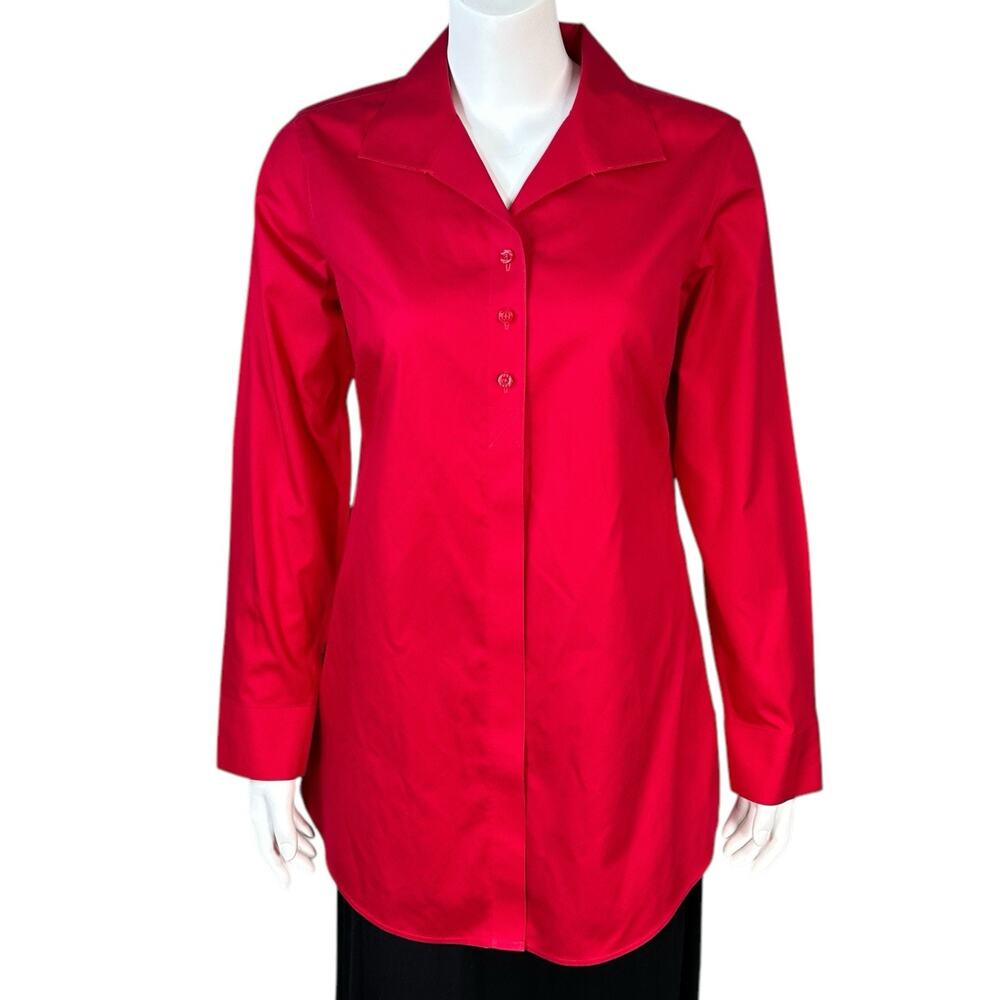 Chicos Shirt Womens Small 0 Effortless Cotton Soleil Tunic Red Button No Iron